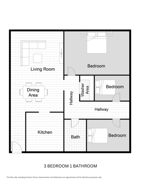 Floor plan for 3 beds, 1 bath, 950 sqft